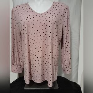 Adrianna Papell - Pink & Black Polka Dot V-Neck 3/4 Puff Sleeve Top, Sz Lg